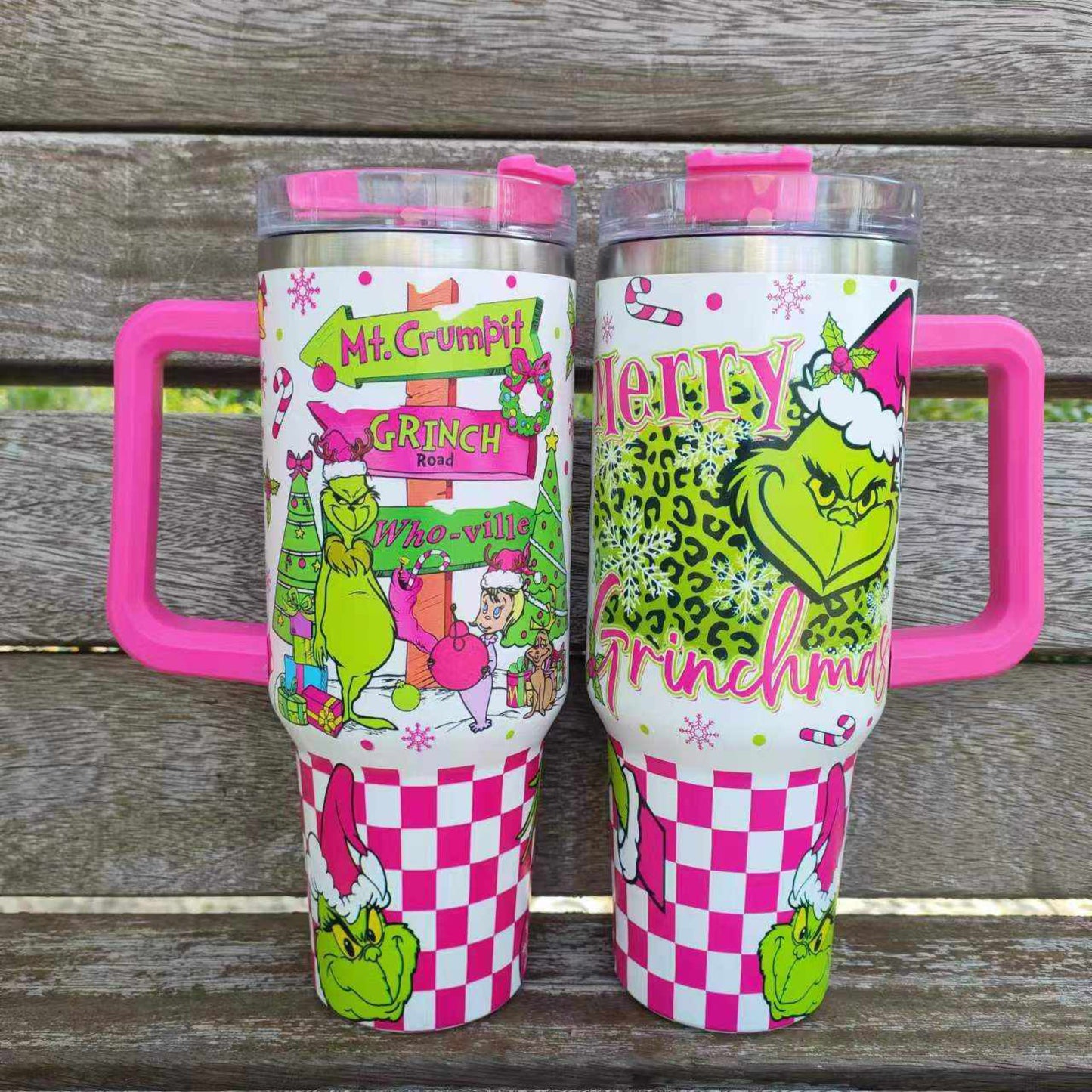 Grinch 40oz stainless steel tumbler with Pink handle