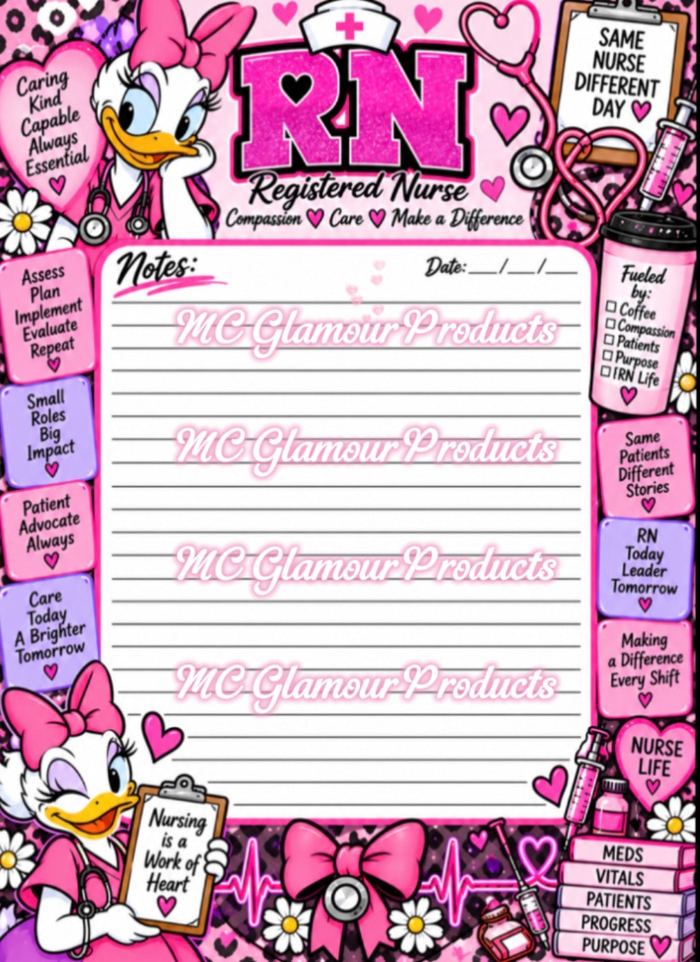 RN Registered Nurse Daisy- Inspired Notepad | 5x7 Nurse Notes Pad | Cute Pink Nurse Stationery | RN Gift for Nurses