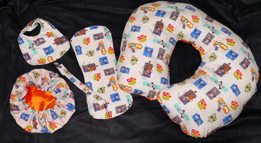 Toy Story Inspired Luxury Baby Gift Set | Reversible Satin Bonnet, Bib, Burp Cloth, Pacifier Holder & Boppy Pillow Cover