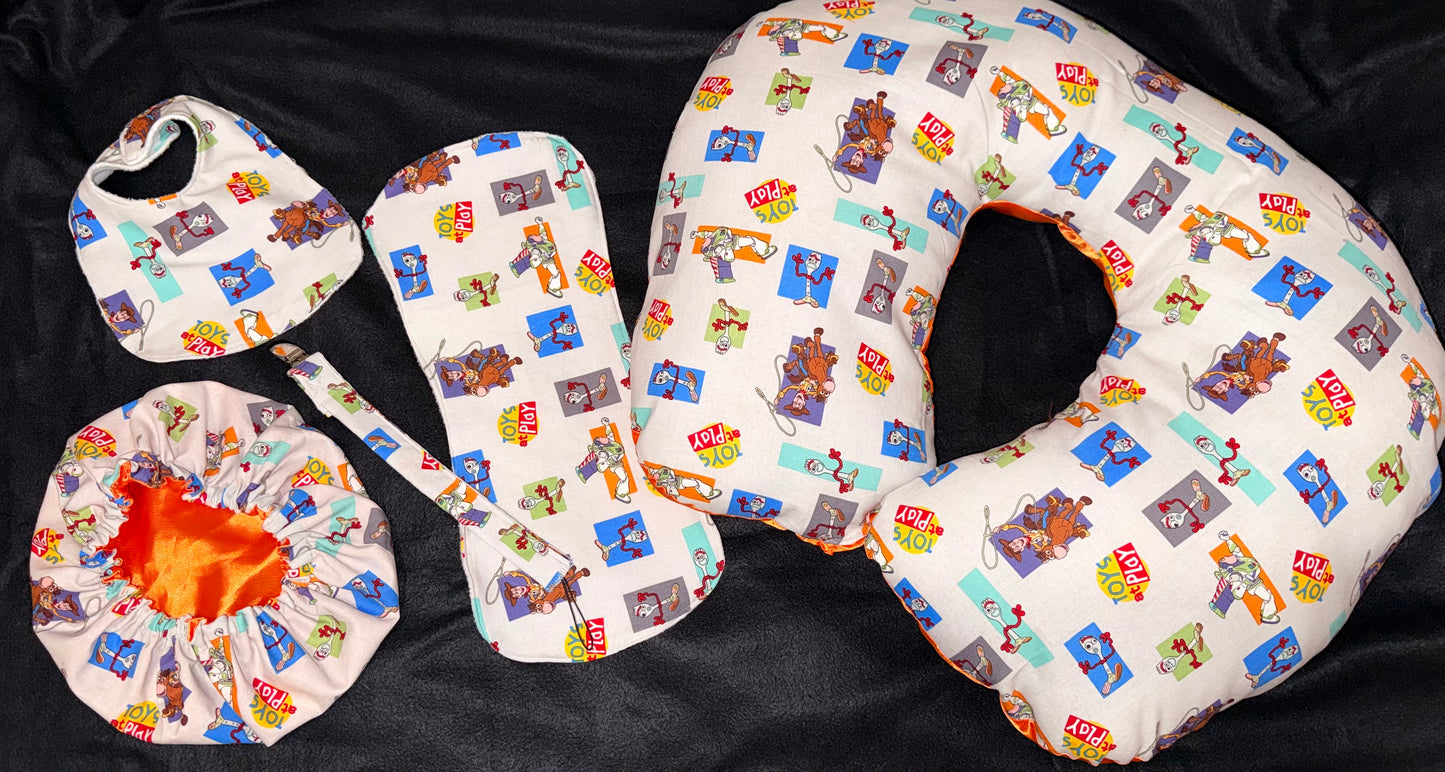 Toy Story Inspired Luxury Baby Gift Set | Reversible Satin Bonnet, Bib, Burp Cloth, Pacifier Holder & Boppy Pillow Cover