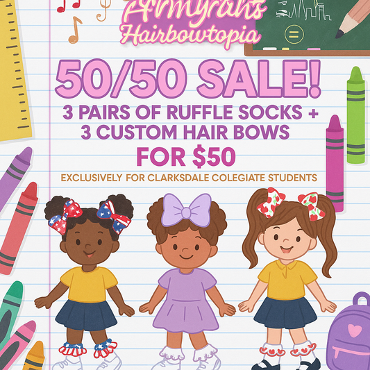 🎀 Clarksdale Collegiate Back-to-School 50/50 Bundle – Custom Ruffle Socks & Hair Bows 🎀