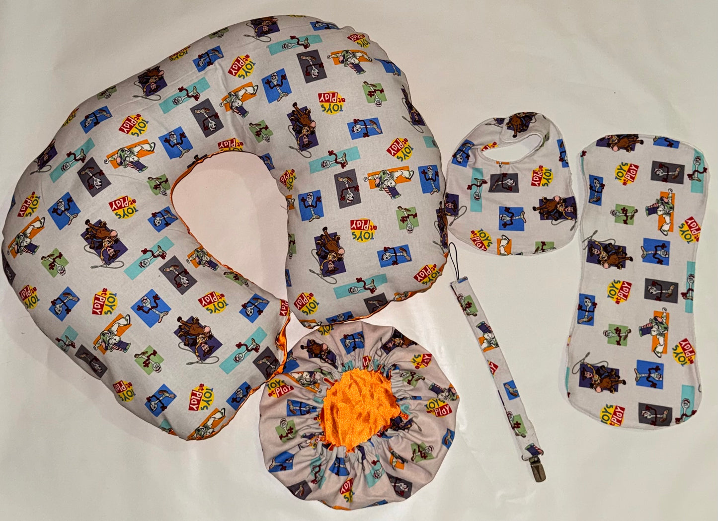 Toy Story Inspired Luxury Baby Gift Set | Reversible Satin Bonnet, Bib, Burp Cloth, Pacifier Holder & Boppy Pillow Cover